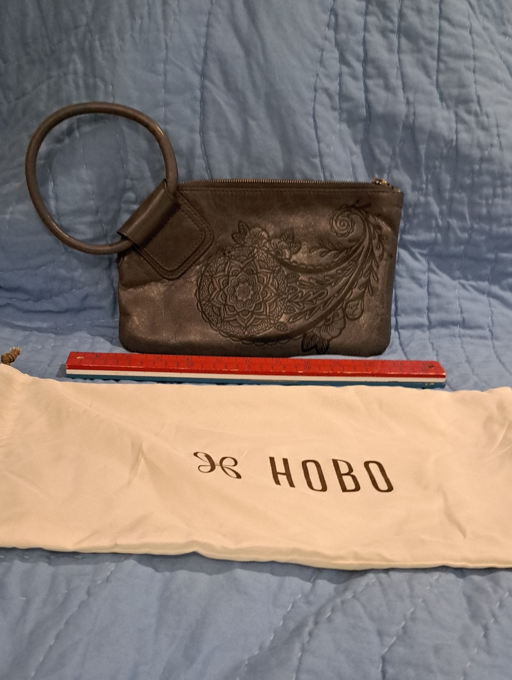 HOBO Grey Leather Wristlet Clutch with Embossed Floral Design